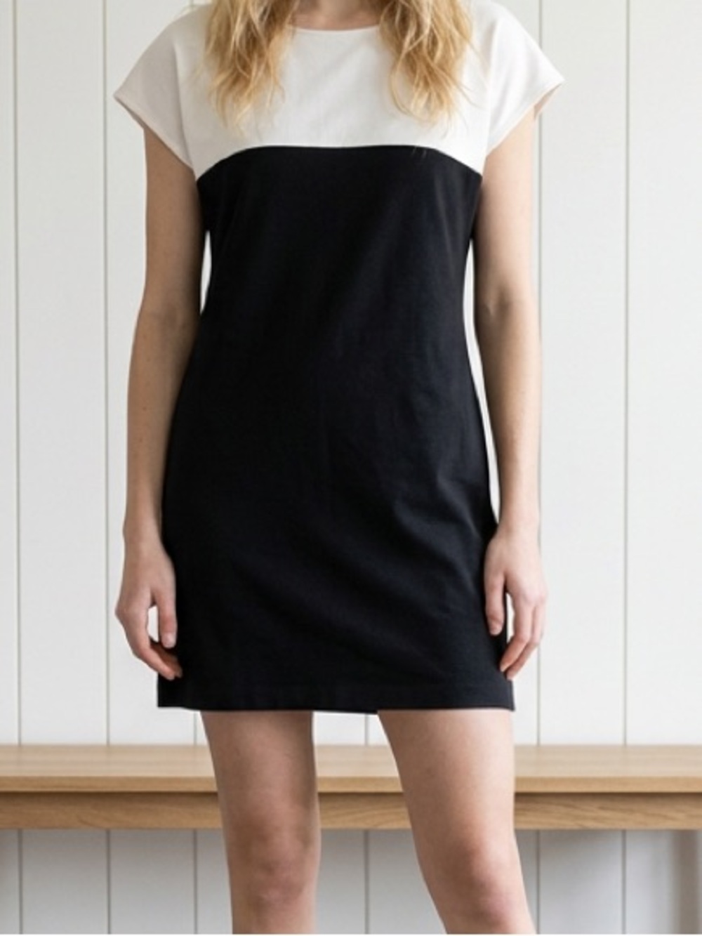 Marina Sport Shift Dress Black Cream Dolman Sleeve Workwear Casual Minimalist XL